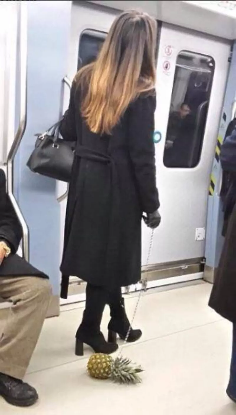 Frau führt Ananas Gassi ananas frau